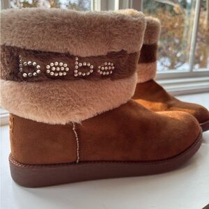 Bebe Tan Suede Boots with Fur Trim